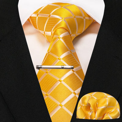 JEMYGINS Black Plaid Silk Tie Set for Men – Necktie, Handkerchief & Tie Clip