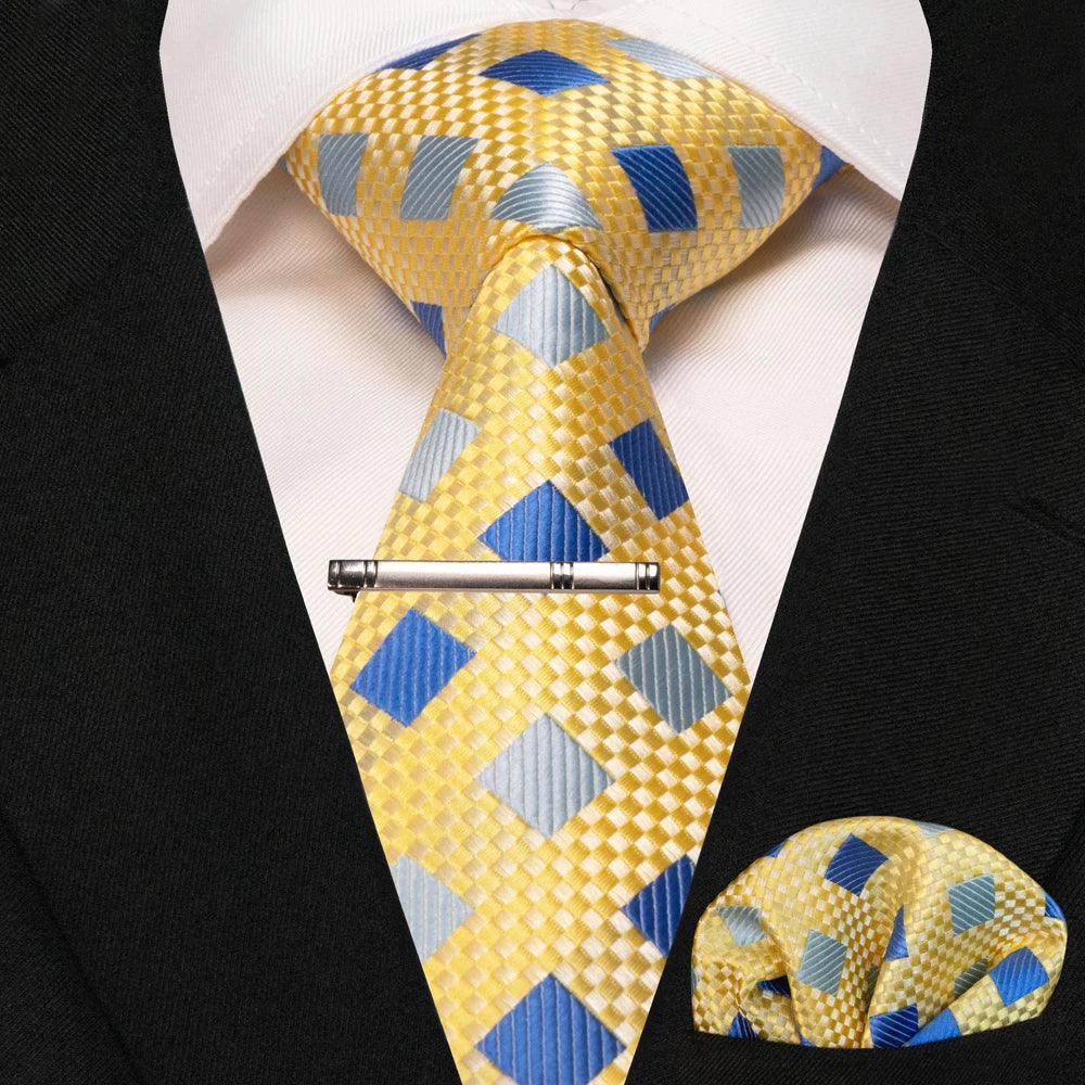 JEMYGINS Black Plaid Silk Tie Set for Men – Necktie, Handkerchief & Tie Clip