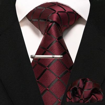 JEMYGINS Black Plaid Silk Tie Set for Men – Necktie, Handkerchief & Tie Clip
