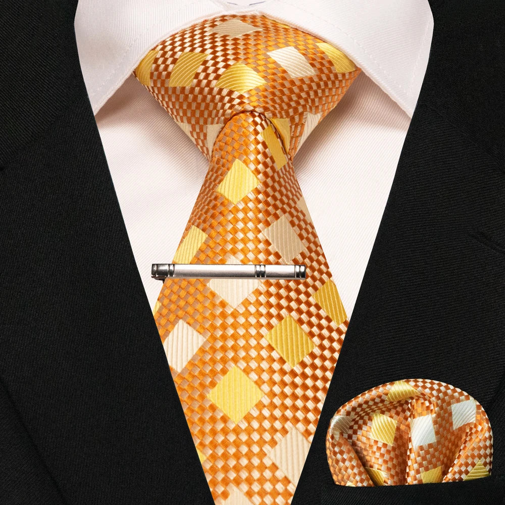 JEMYGINS Black Plaid Silk Tie Set for Men – Necktie, Handkerchief & Tie Clip