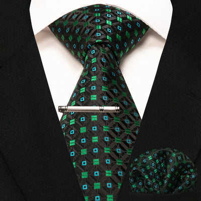 JEMYGINS Black Plaid Silk Tie Set for Men – Necktie, Handkerchief & Tie Clip