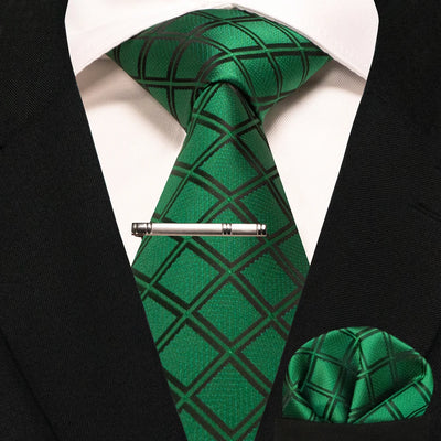 JEMYGINS Black Plaid Silk Tie Set for Men – Necktie, Handkerchief & Tie Clip