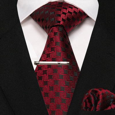 JEMYGINS Black Plaid Silk Tie Set for Men – Necktie, Handkerchief & Tie Clip