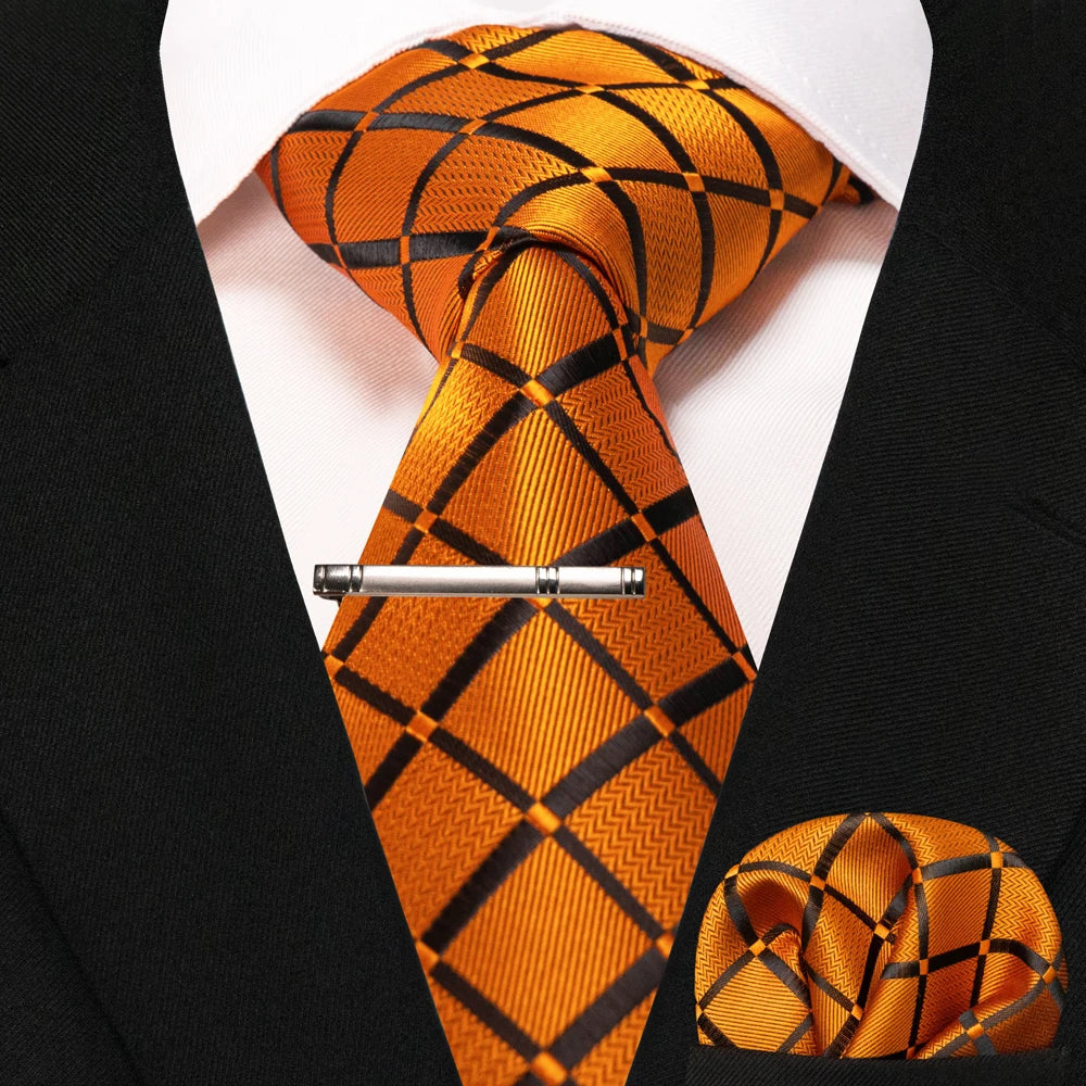 JEMYGINS Black Plaid Silk Tie Set for Men – Necktie, Handkerchief & Tie Clip