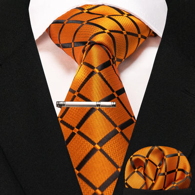 JEMYGINS Black Plaid Silk Tie Set for Men – Necktie, Handkerchief & Tie Clip