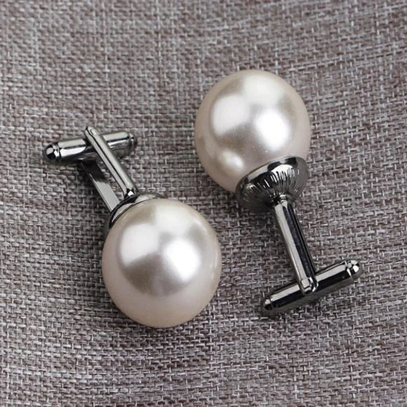 Round White Imitation Pearl Cufflinks – Elegant Business & Wedding Accessory for Men and Women