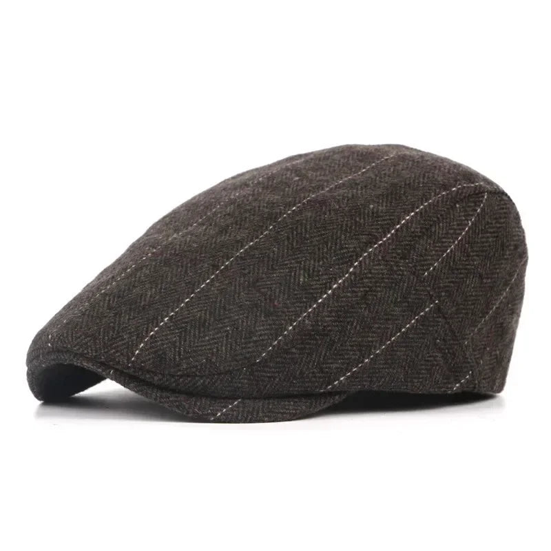 Men’s Retro British Beret – Vintage Wool Blend Herringbone Flat Cap