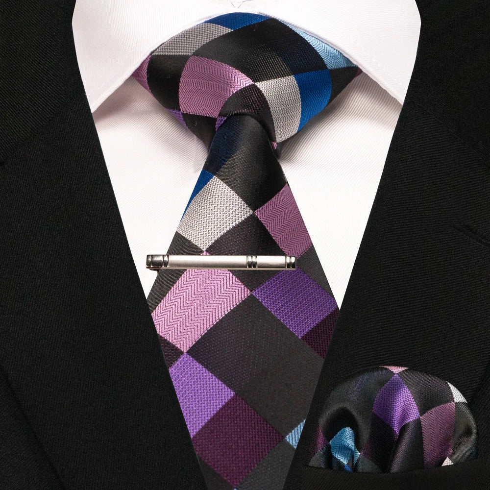JEMYGINS Black Plaid Silk Tie Set for Men – Necktie, Handkerchief & Tie Clip