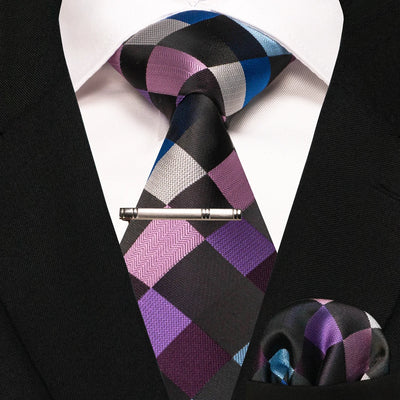 JEMYGINS Black Plaid Silk Tie Set for Men – Necktie, Handkerchief & Tie Clip