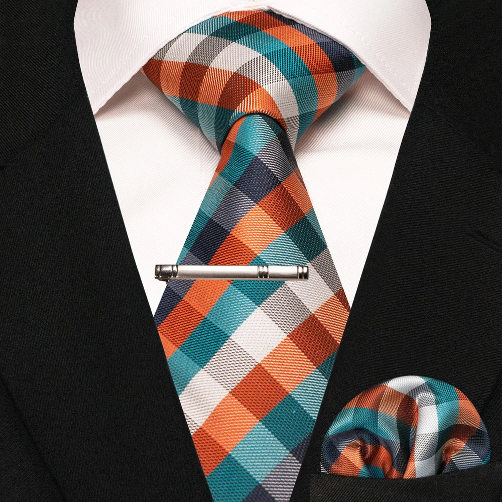 JEMYGINS Black Plaid Silk Tie Set for Men – Necktie, Handkerchief & Tie Clip