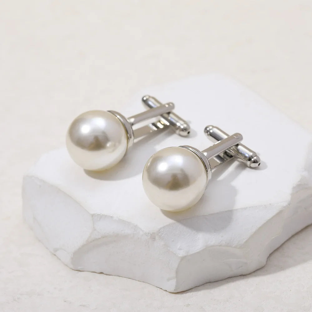 Round White Imitation Pearl Cufflinks – Elegant Business & Wedding Accessory for Men and Women