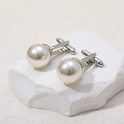 Round White Imitation Pearl Cufflinks – Elegant Business & Wedding Accessory for Men and Women