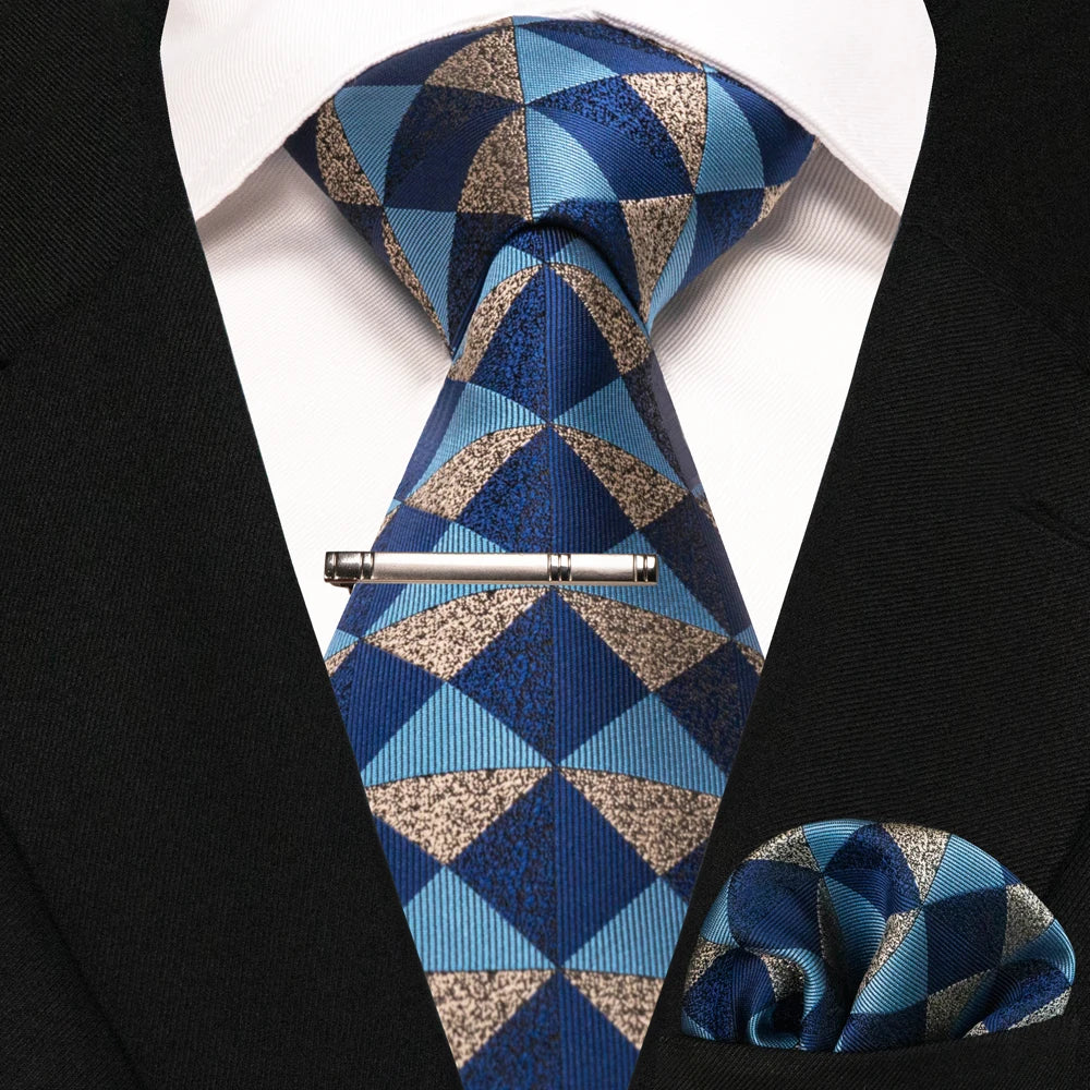 JEMYGINS Black Plaid Silk Tie Set for Men – Necktie, Handkerchief & Tie Clip