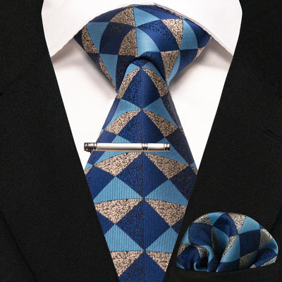 JEMYGINS Black Plaid Silk Tie Set for Men – Necktie, Handkerchief & Tie Clip