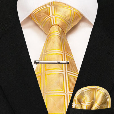 JEMYGINS Black Plaid Silk Tie Set for Men – Necktie, Handkerchief & Tie Clip