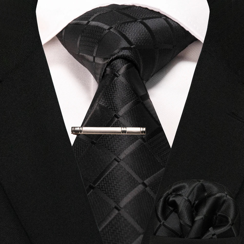 JEMYGINS Black Plaid Silk Tie Set for Men – Necktie, Handkerchief & Tie Clip