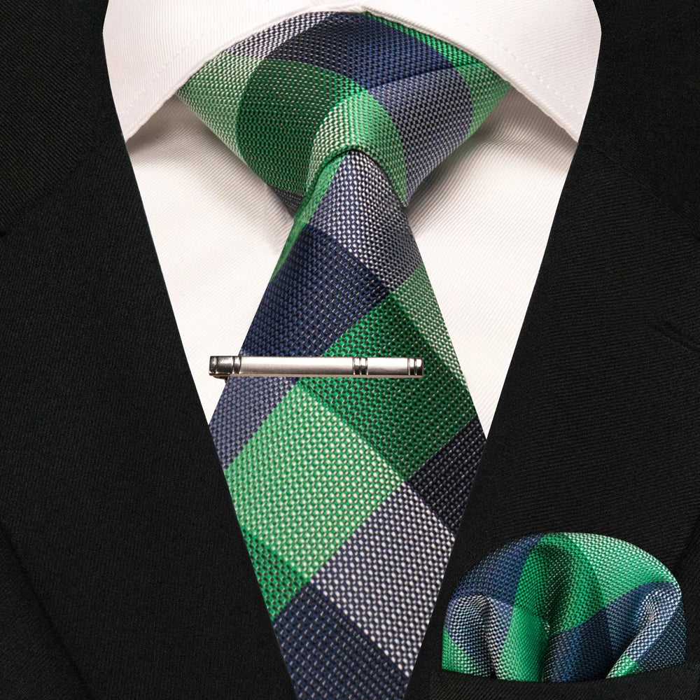 JEMYGINS Black Plaid Silk Tie Set for Men – Necktie, Handkerchief & Tie Clip