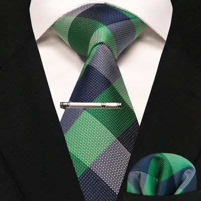 JEMYGINS Black Plaid Silk Tie Set for Men – Necktie, Handkerchief & Tie Clip