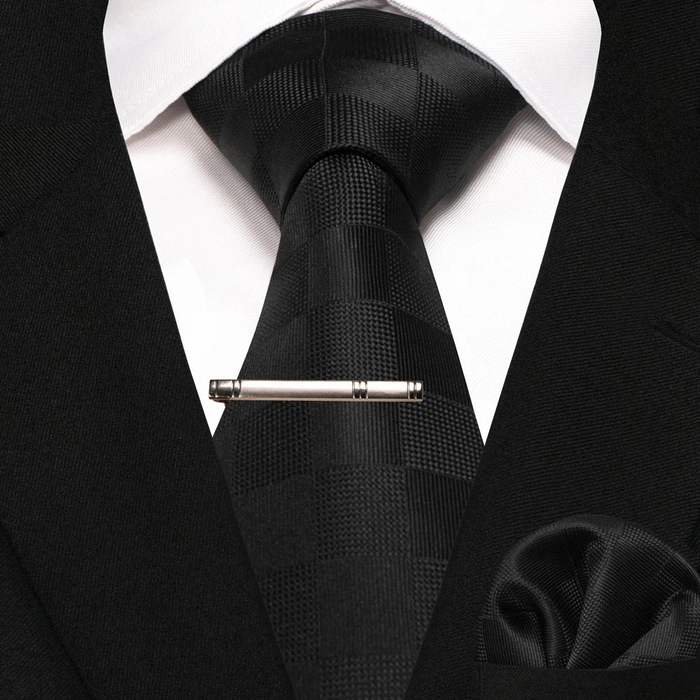 JEMYGINS Black Plaid Silk Tie Set for Men – Necktie, Handkerchief & Tie Clip