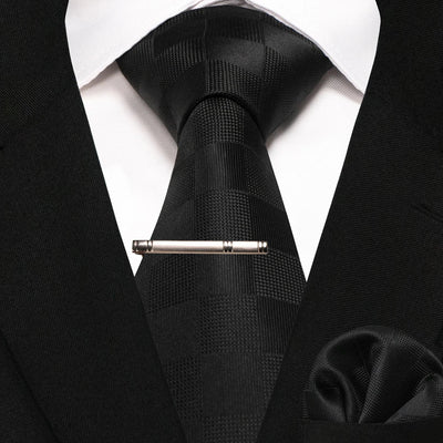 JEMYGINS Black Plaid Silk Tie Set for Men – Necktie, Handkerchief & Tie Clip