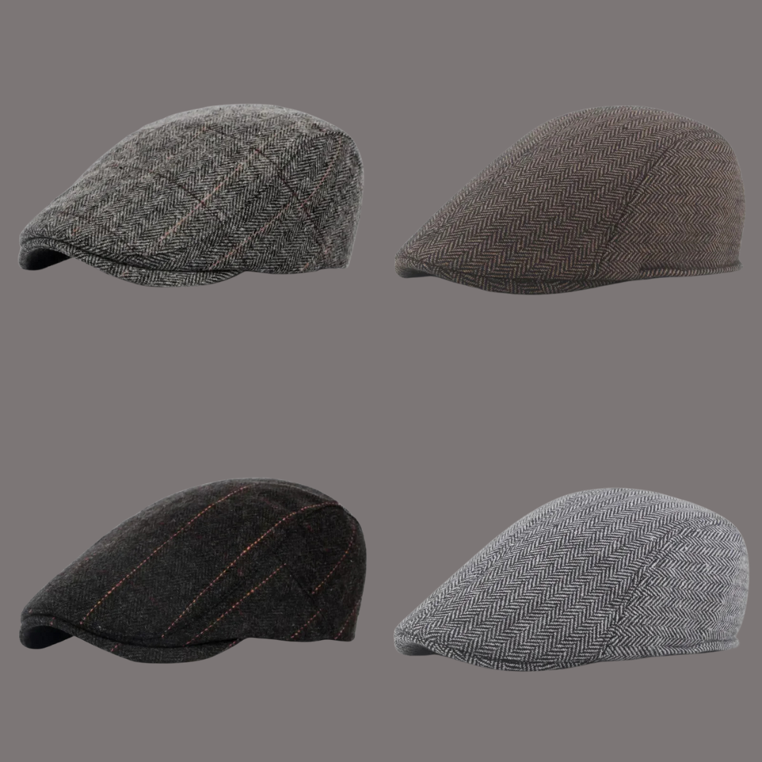 Men’s Retro British Beret – Vintage Wool Blend Herringbone Flat Cap